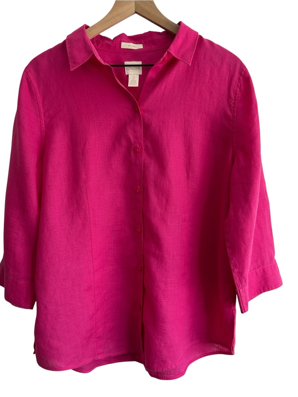 Chicos Womens Shirt Large Pink Linen 3/4 sleeve button beach comfort airy size 2
